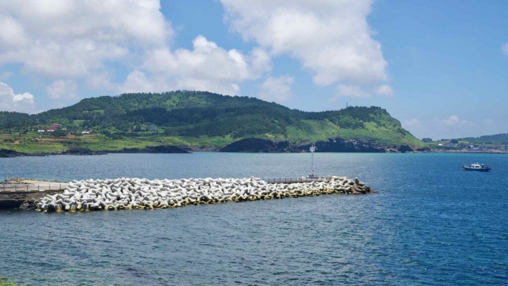 Lighthouse and tetrapod breakwater with forested hills beyond.