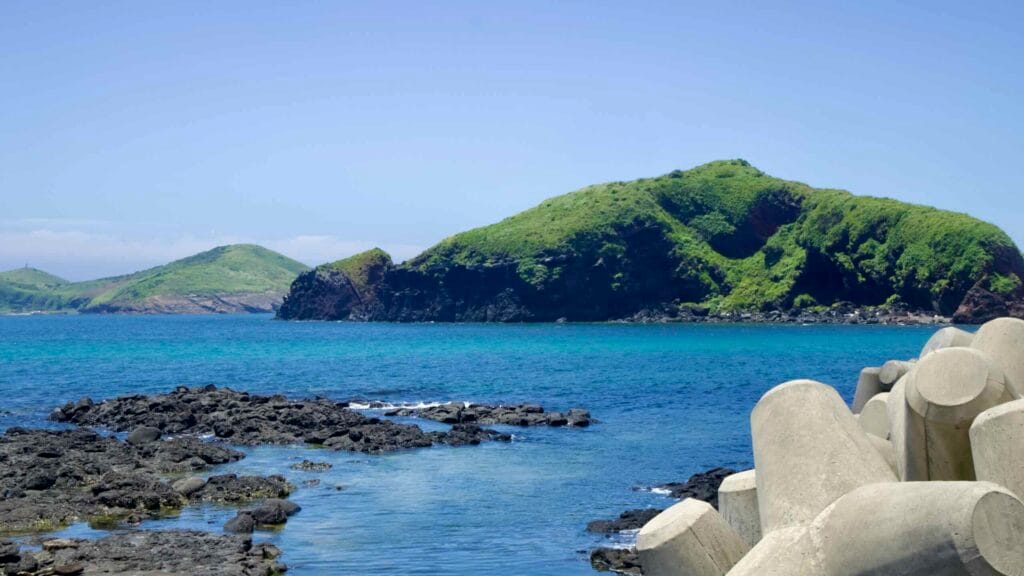 Tetrapods and black basalt with a green islet across clear water.