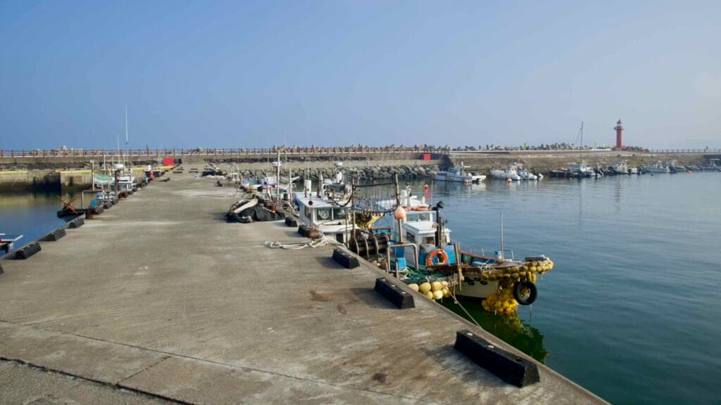Fishing boats along a concrete pier at Sagye Port.