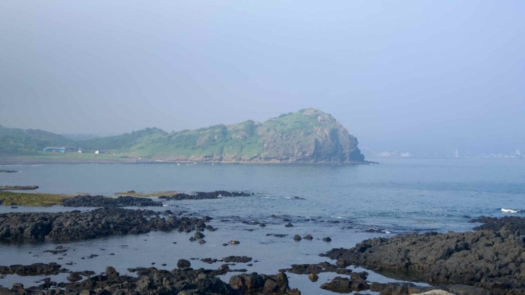 Wide view of Yongmeori Coast with rocky tidal flats.