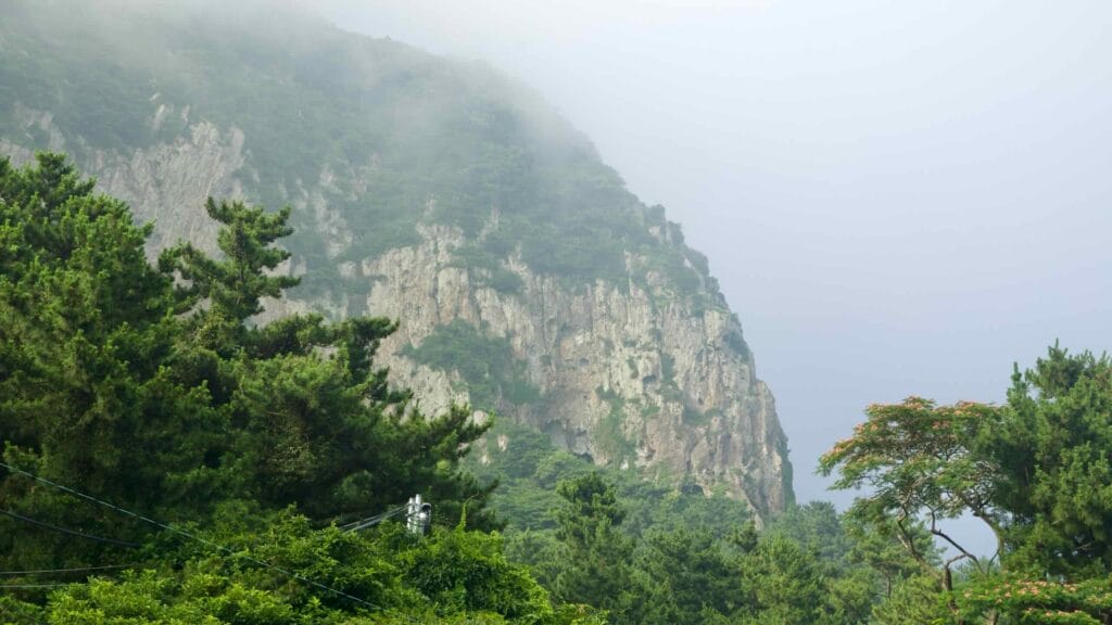 Misty cliffs of Sanbangsan above the coastal forest.