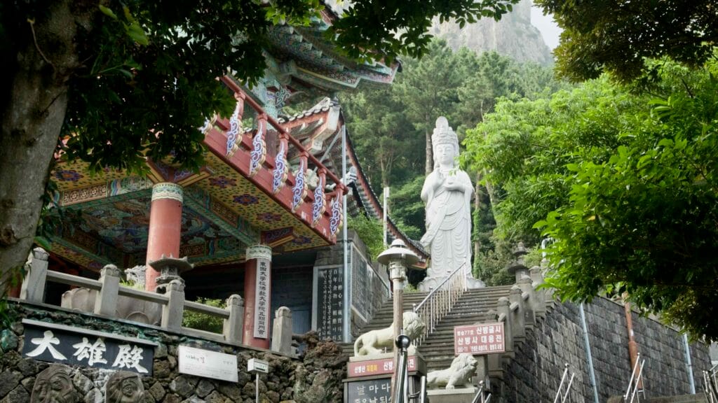 Bodhisattva statue along the side stairs at Bomunsa Temple.