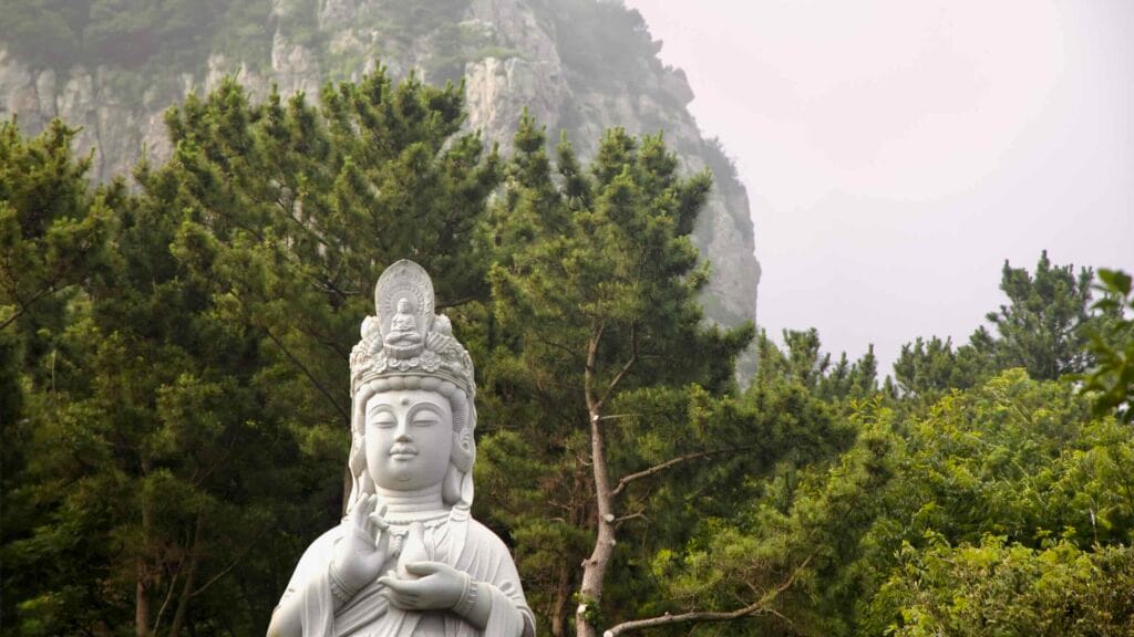 Bodhisattva beneath Sanbang Mountain’s cliffs at Bomunsa Temple.