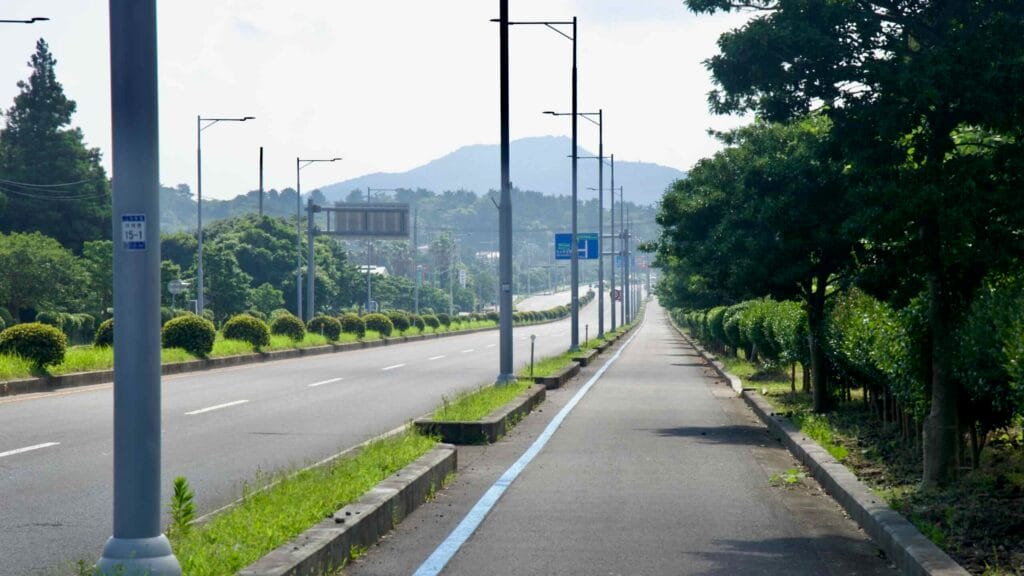 A protected bike lane runs beside Iljuseo Road near Gunsan Oreum, a long straight stretch lined with trees.