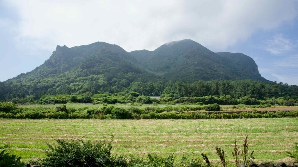 Sanbang Mountain shows rounded peaks above fields and forest, its dark lava slopes softened by grasses.