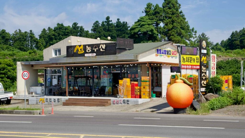 A farm fruit store along Iljuseo Road features stacked crates and a giant hallabong sculpture.