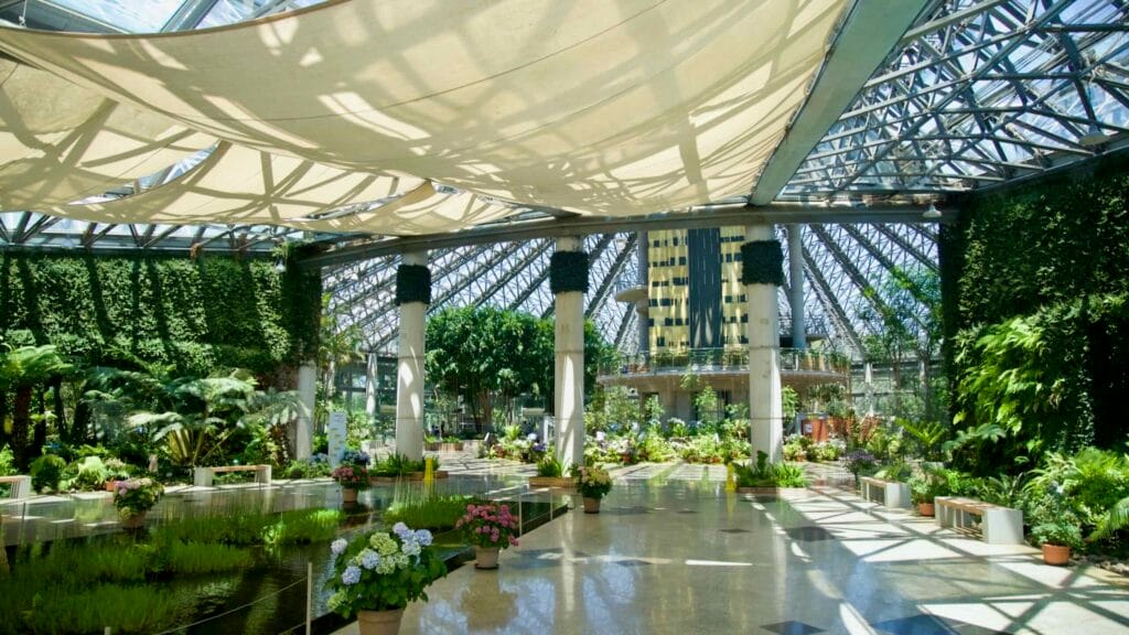 Atrium ponds and shade sails inside Yeomiji.