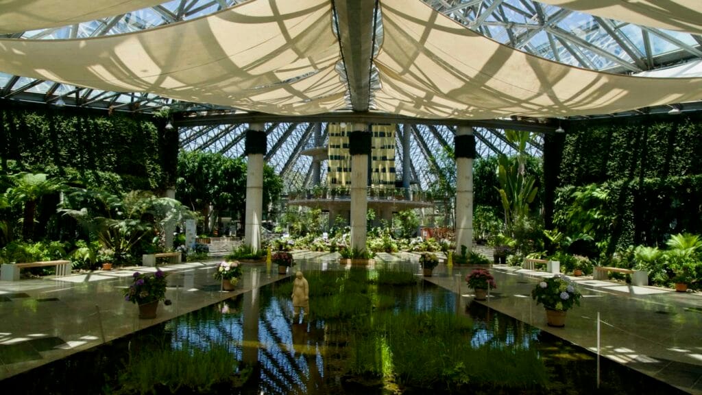 Reflective pool and tropical plantings inside Yeomiji’s greenhouse at Jungmun.