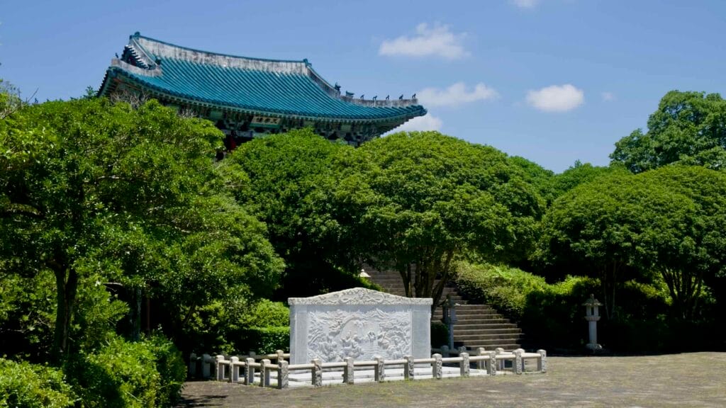 Forecourt below Cheonjeru Pavilion with carved Seven Nymphs stone panel.
