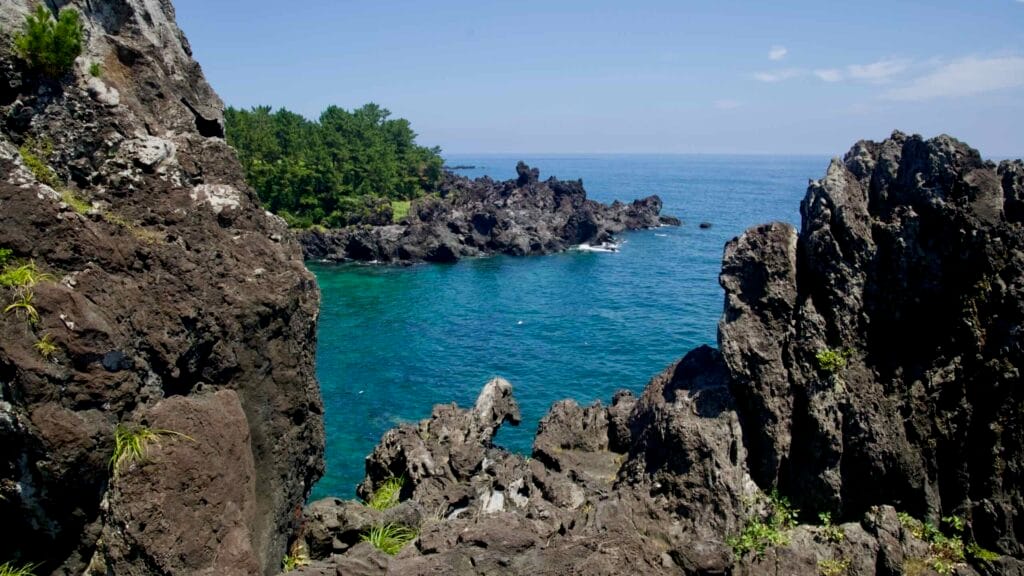 Jagged basalt rocks surround a small cove at the Daepo Jusangjeolli Cliffs.