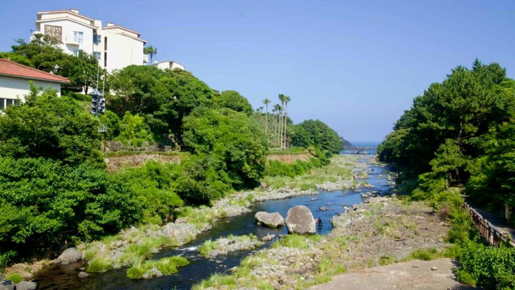 A rocky stream flows through a green valley toward the sea below Seogwipo.