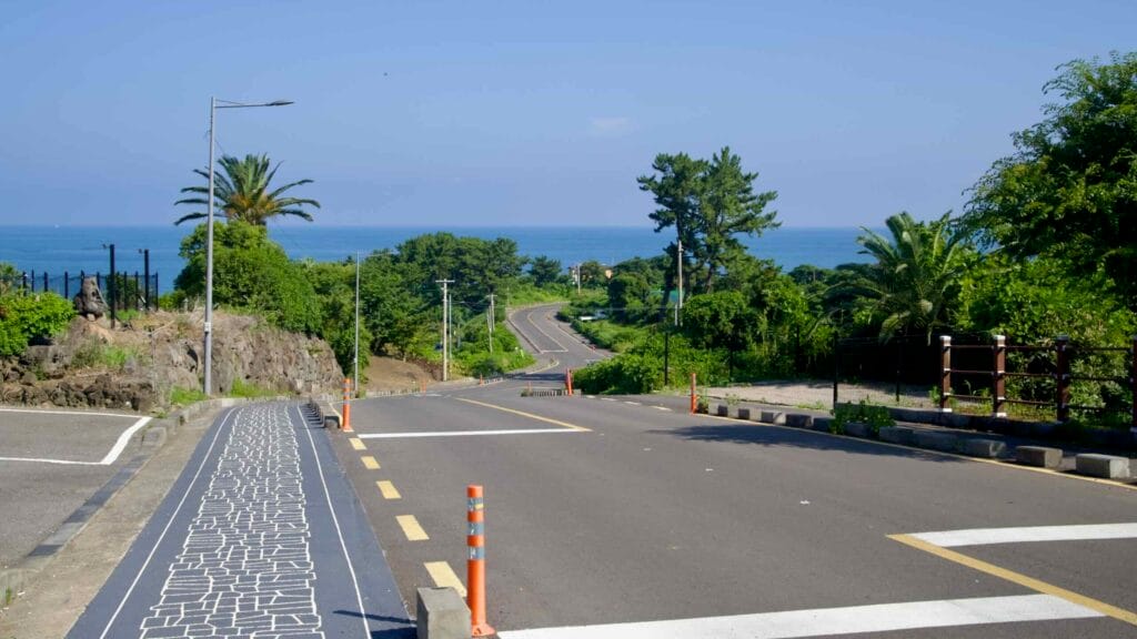 A shaded trail near Sammaebong winds through forested slopes.