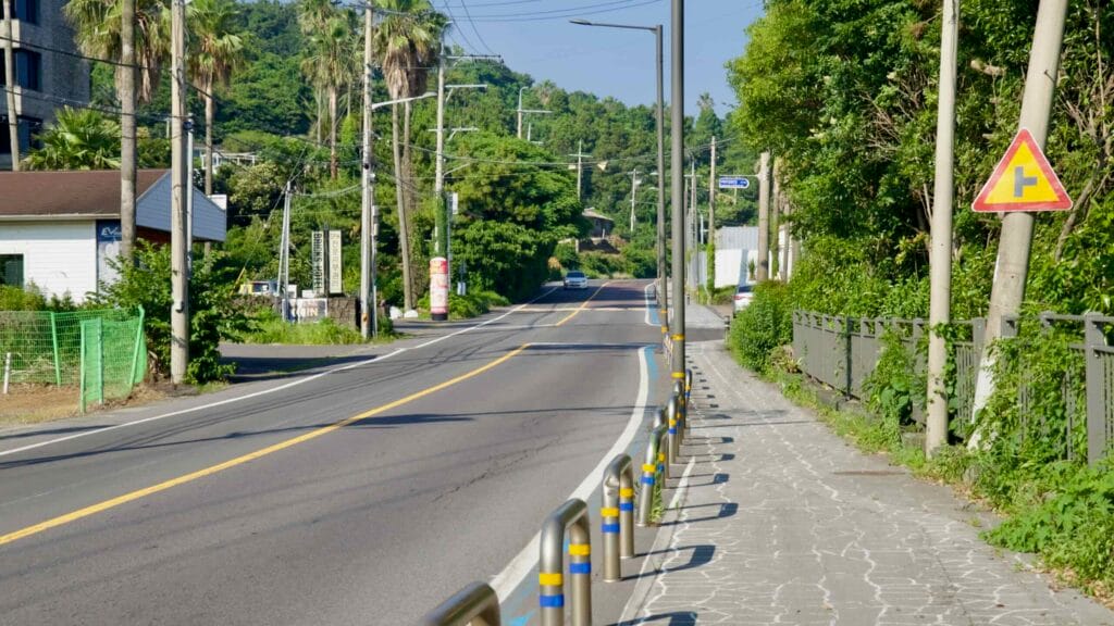 A paved path through greenery near Sammaebong in Seogwipo.