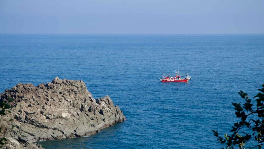 A fishing boat passes volcanic rocks near Oedolgae Rock.