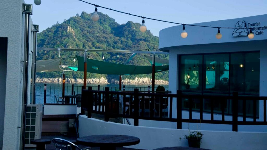 A deck by the Tourist Information Cafe looks to Seopseom Island.