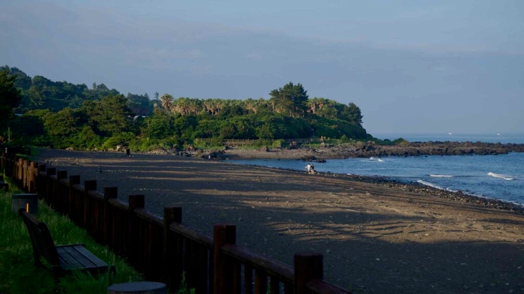 Black‑sand stretches toward a rocky point at Soesokkak Beach on Jeju’s south coast.