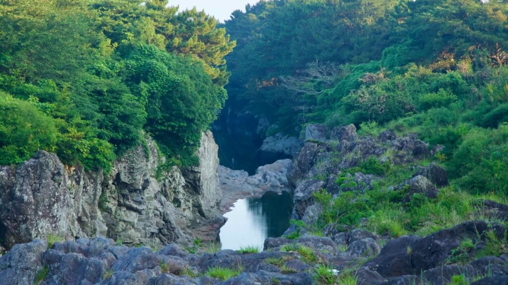A narrow water channel cuts between basalt walls beneath forest at Soesokkak.