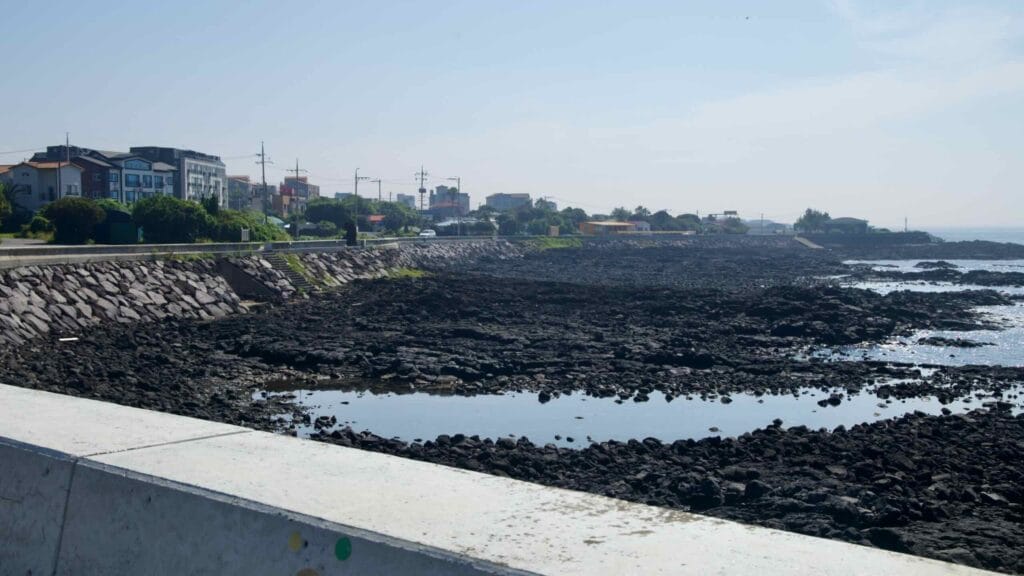 Basalt tide pools border the coast near Namwon Port’s waterfront homes.