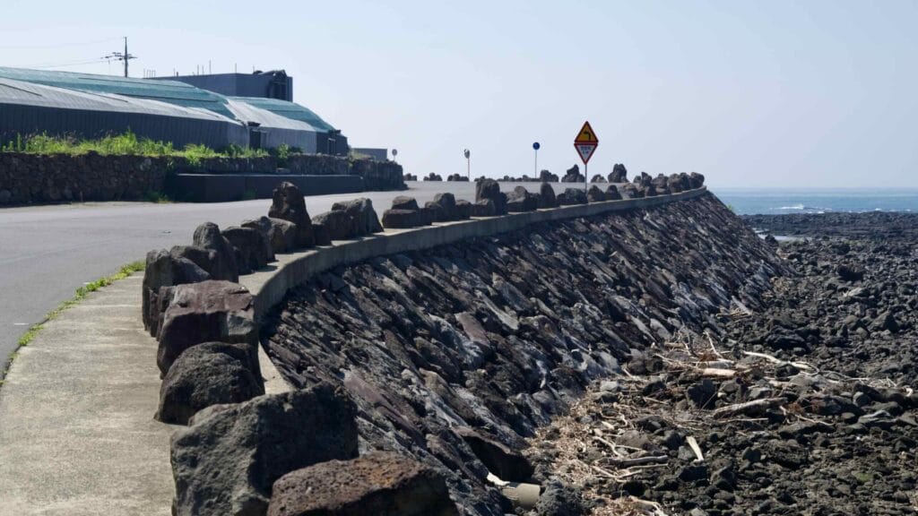 A curved revetment and sidewalk run above a lava‑rock shore near Taeheung.