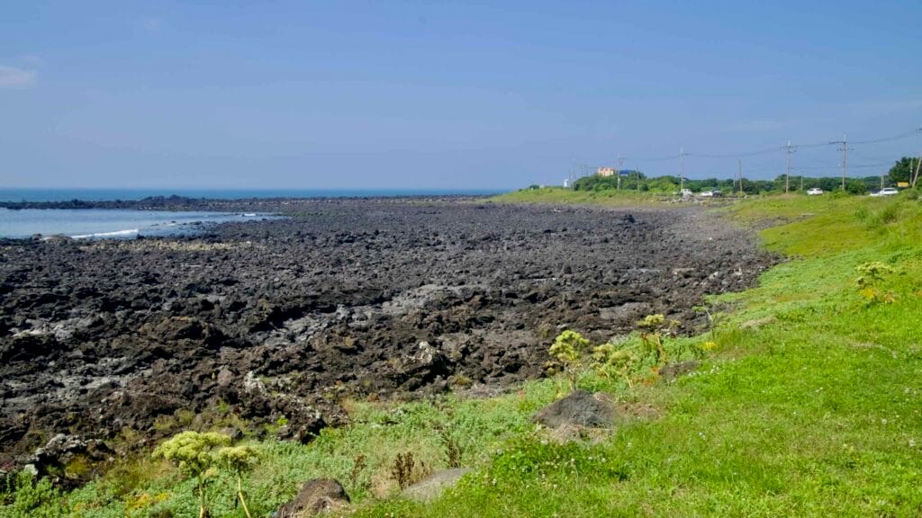 A broad basalt field stretches along the Sinheung-ri shore at low tide, with surf, grasses, and utility lines in view.
