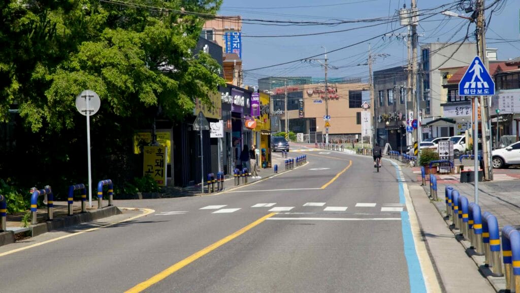 Curving main street with shops and a bike lane near Pyoseon Port.