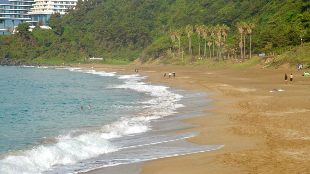 Gentle waves trace patterns on Jungmun Saekdal Beach as walkers pass palms.
