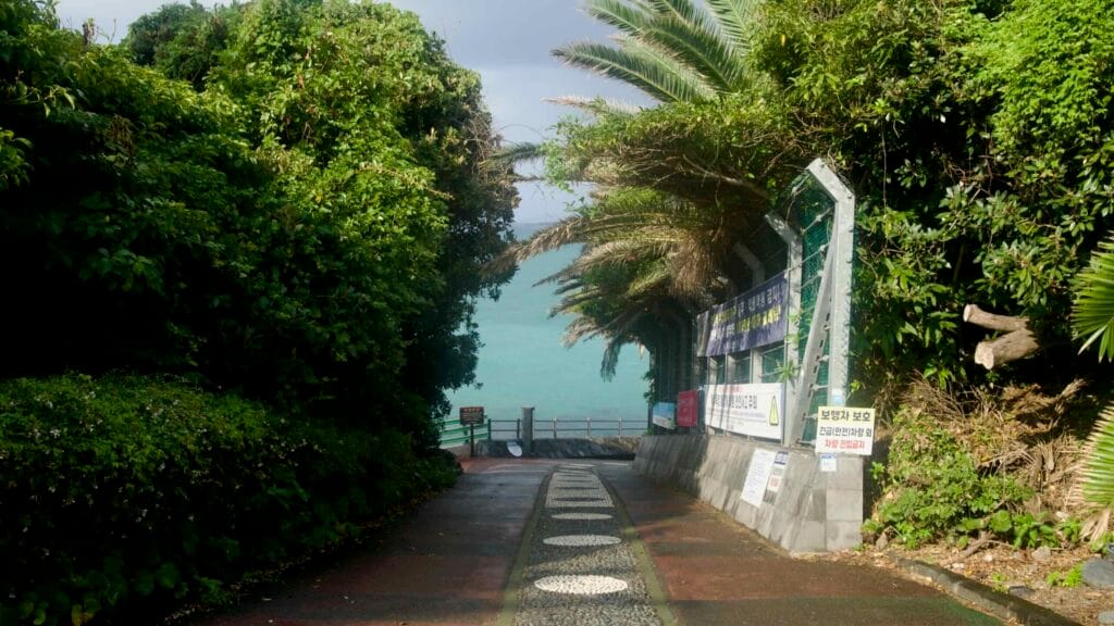 A shaded lane lined with palm fronds and banners descends toward turquoise water at Jungmun Saekdal Beach.