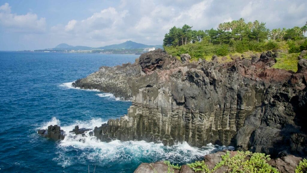 Daepo Jusangjeolli Cliff shows long rows of basalt columns facing the sea, with trees and sky above in Seogwipo.