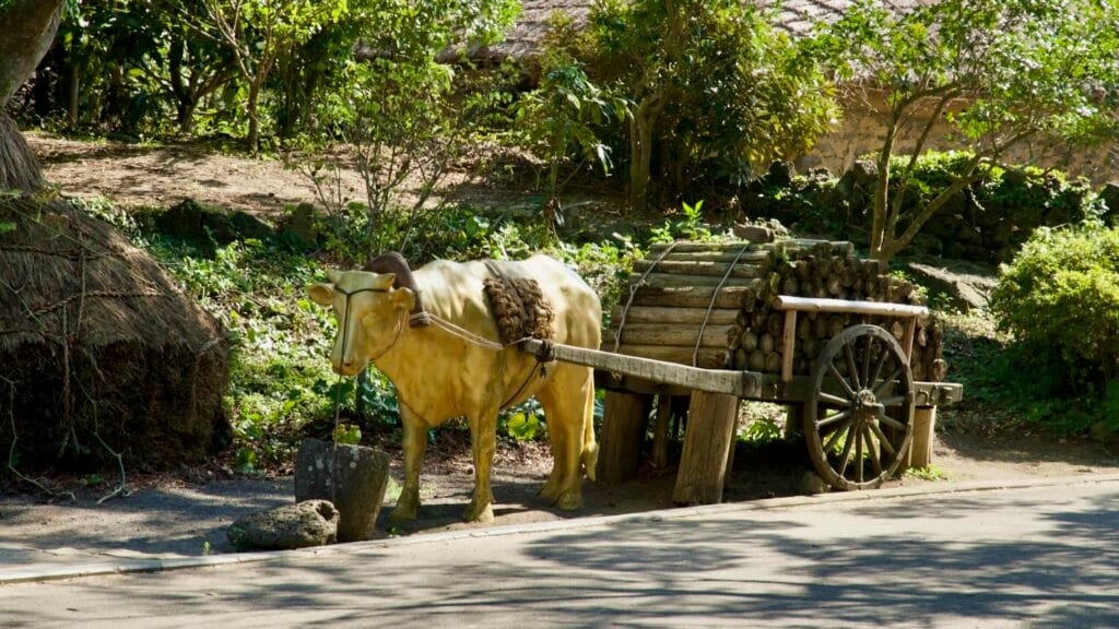 An ox statue is harnessed to a wooden cart of firewood at Jeju Folk Village, showing pre-modern transport in use.