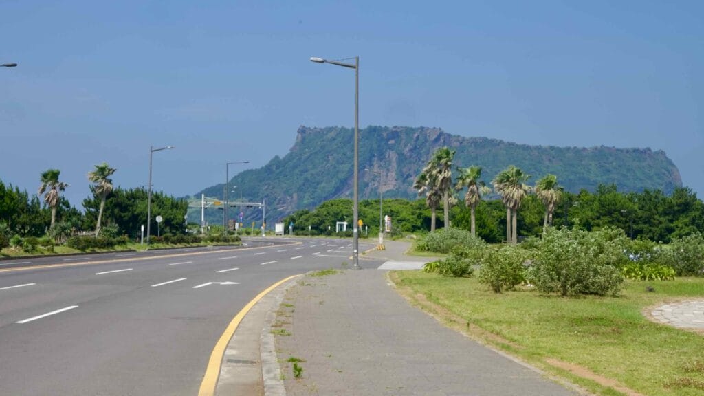 A palm-edged coastal road curves toward Seongsan Ilchulbong on Jeju Island.