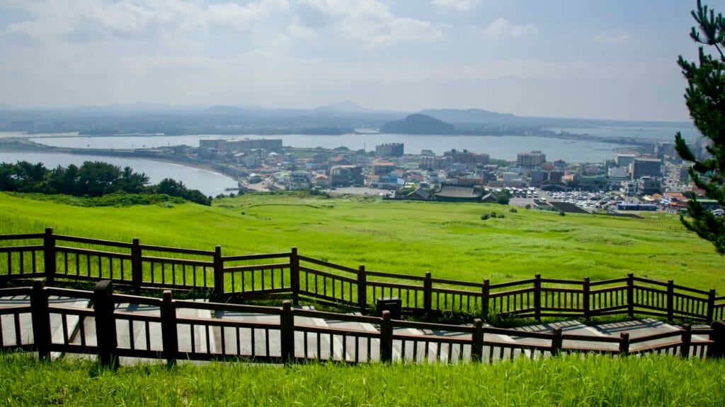 A hillside view looks across Seongsan Port and the bay from the slopes of Seongsan Ilchulbong.