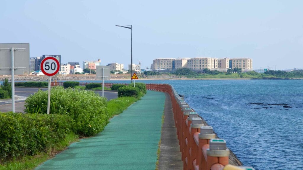 A coastal bikeway runs beside the seawall near Seongsan Village, bordered by palms and sea views.