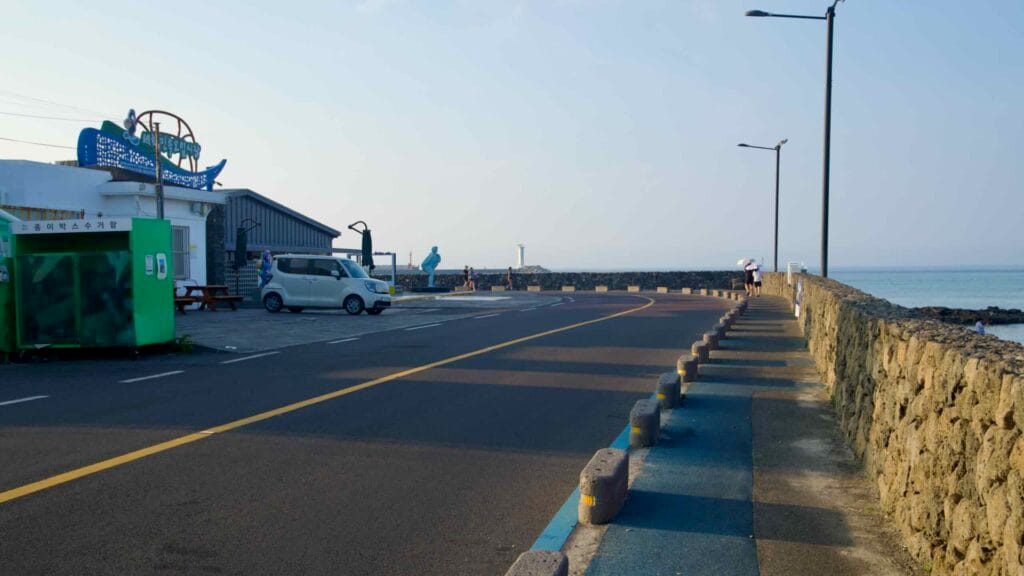 A curving road and pedestrian path follow the basalt seawall at Sehwa Port.