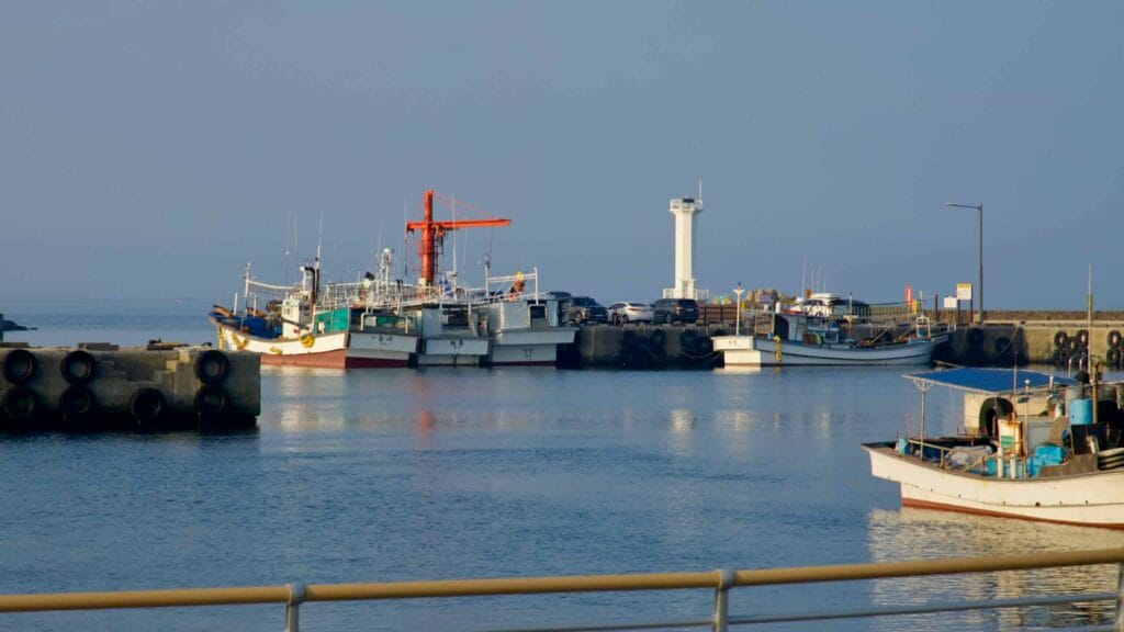 A view across Sehwa’s harbor shows working boats and a white lighthouse.