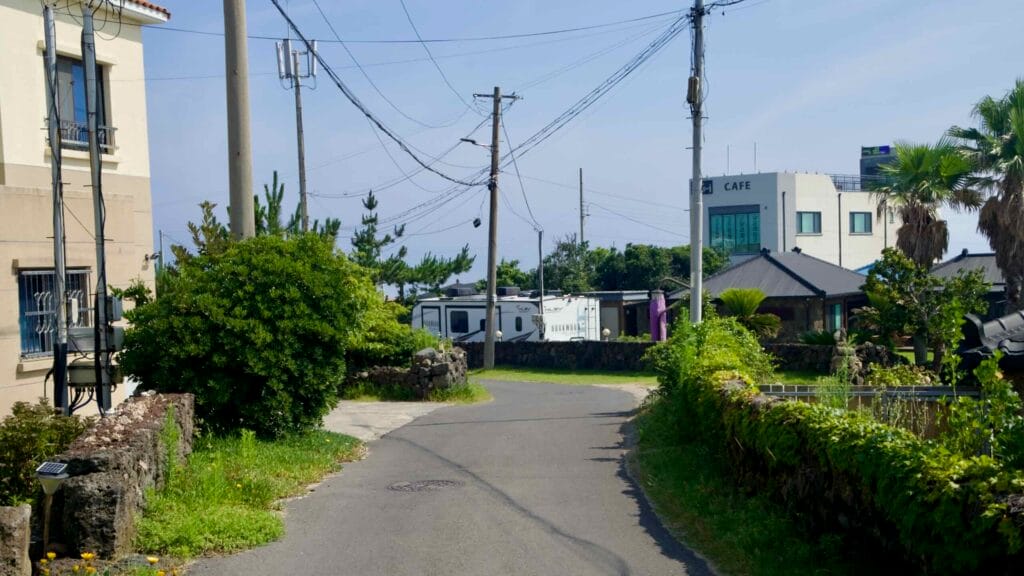 A quiet village lane in Pyeongdae-ri runs past basalt walls, palms, and a small cafe near the coast.