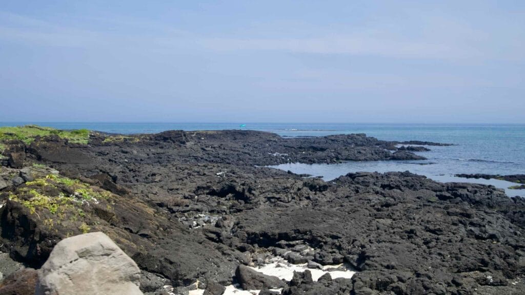 Basalt lava fields and tide pools line the coast near Jeju Batdam Theme Park.