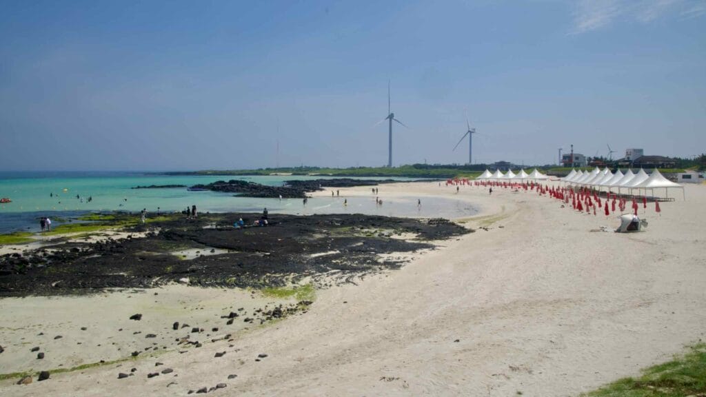 Turquoise shallows and canopies line Gimnyeong Seongsegi Beach; turbines dot the horizon.