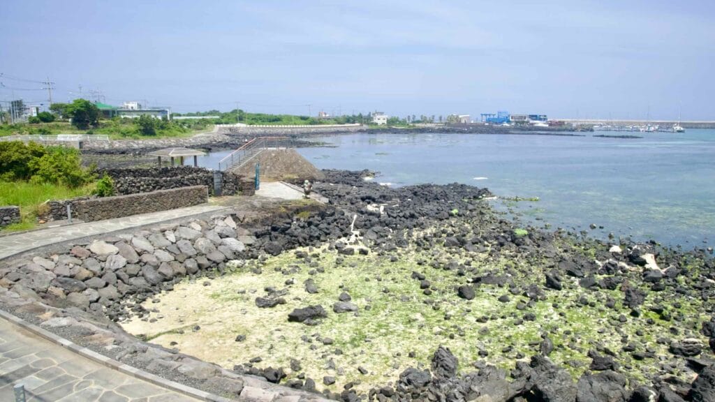 Basalt tidepools and a stone path curve toward Gimnyeong Port along the shoreline park.