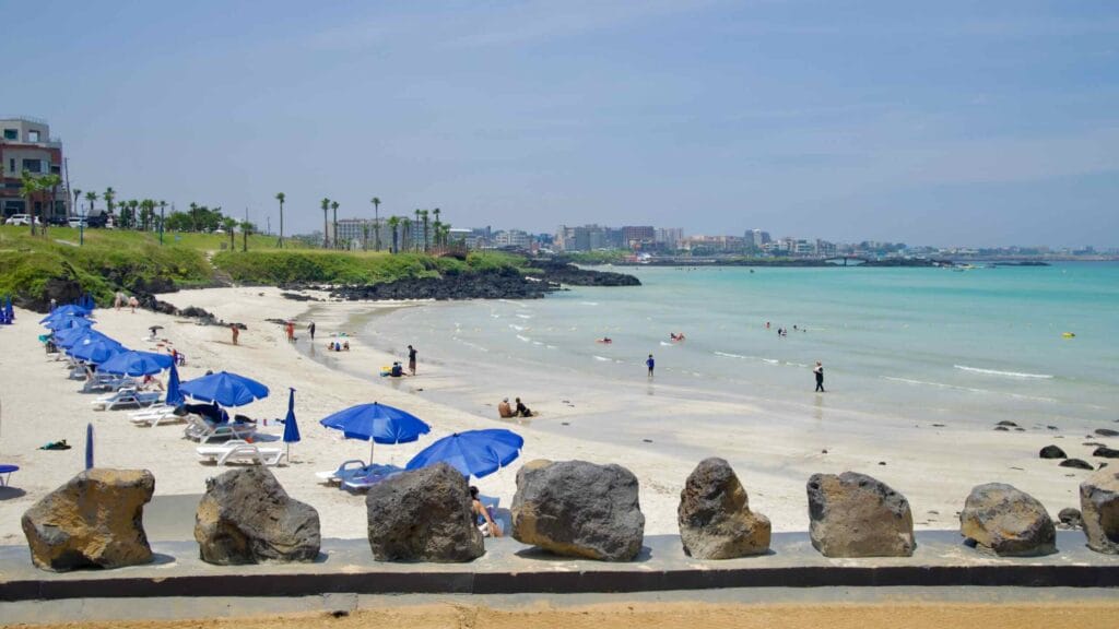 Blue umbrellas line the sand at Hamdeok Seoubong Beach with the town.