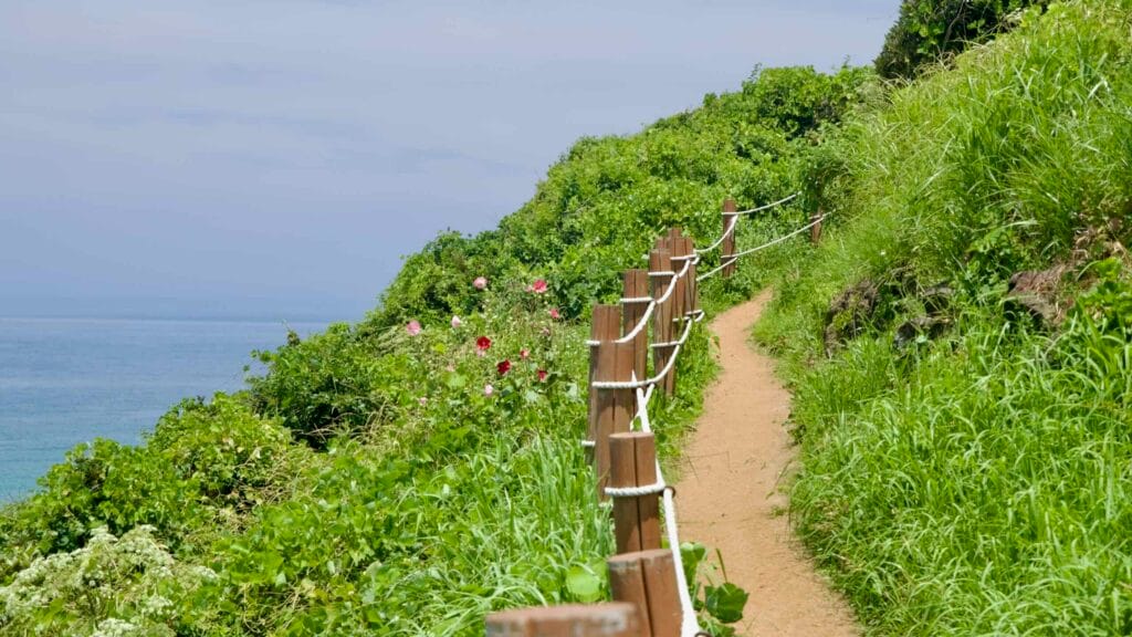 A rope-edged trail winds along Seoubong above the sea.