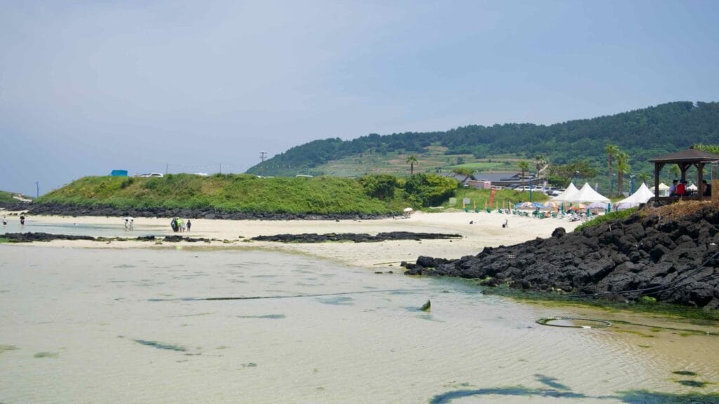 At the eastern cove, white sand meets black reefs and grassy headlands.