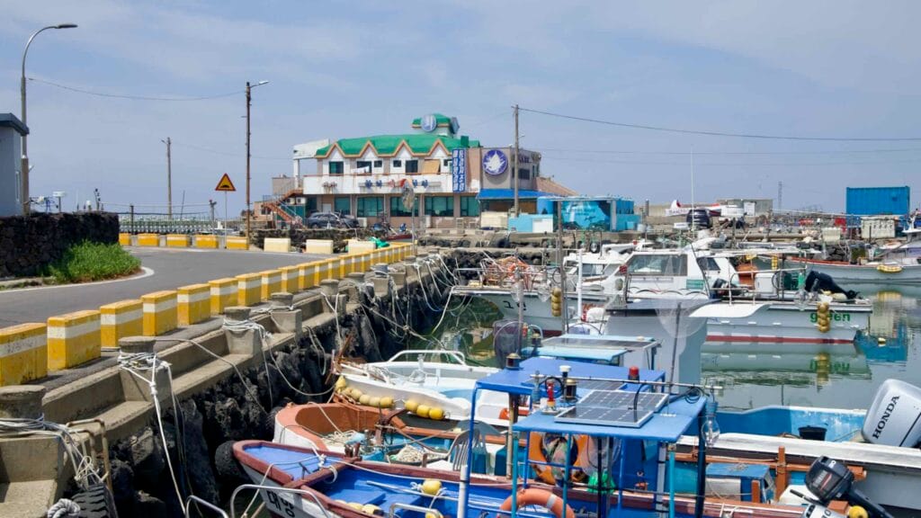 Fishing craft crowd the quay at Jeongju Port.