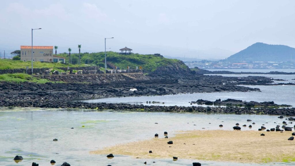 A hillside pavilion overlooks lava reefs and broad tidal flats near Shinheung.