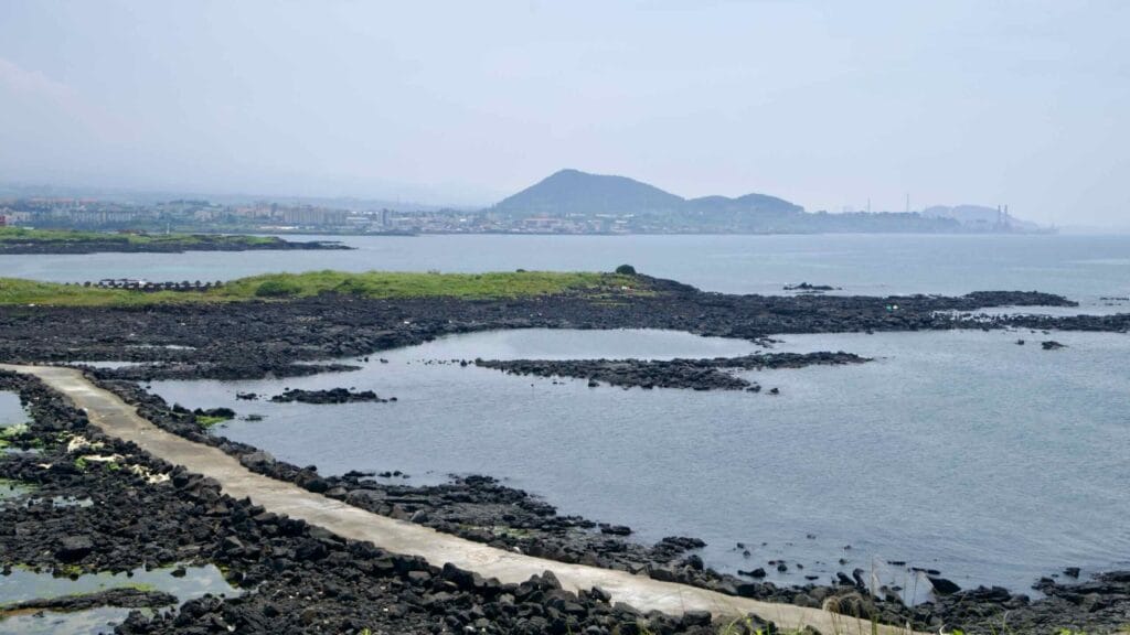 Concrete path crosses tidal pools and stone weirs on Shinheung coast, with hazy cinder cone.
