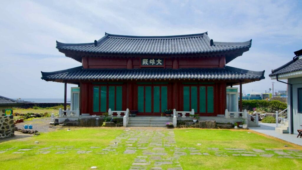 Yangjinsa Temple’s main hall stands behind a small lawn in Jocheon.