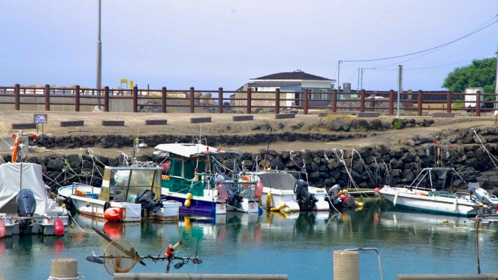Small fishing craft are moored inside Hwabuk's harbor behind basalt revetments.