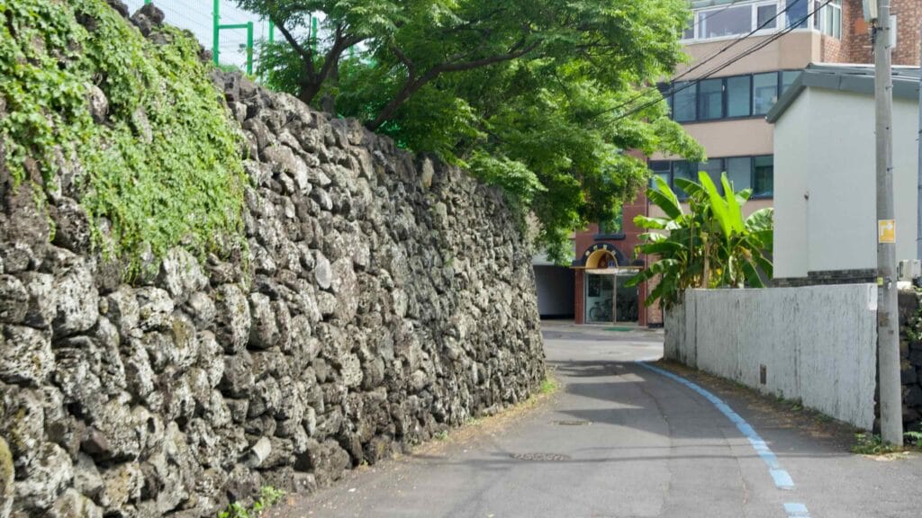 A tall basalt stone wall lines a narrow alley in Hwabuk-dong, capped with ivy.