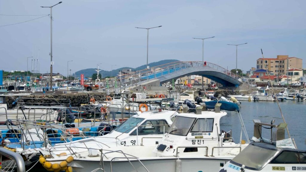 A blue arched pedestrian bridge crosses Hwabuk Harbor, while small fishing boats.