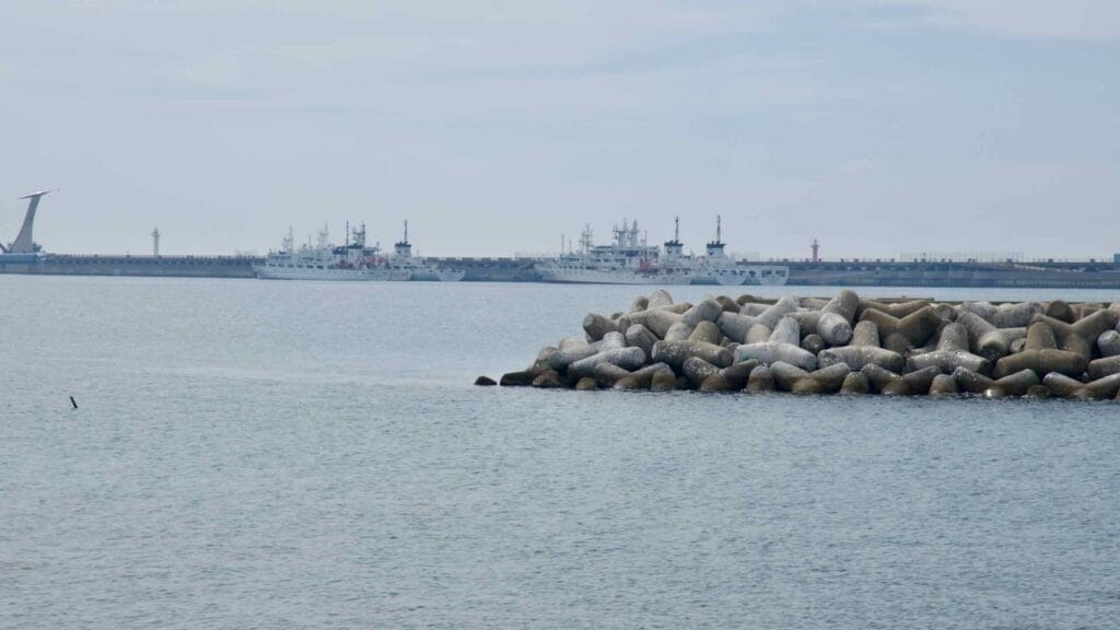 Concrete tetrapods form a breakwater in the foreground as large white patrol and research vessels.
