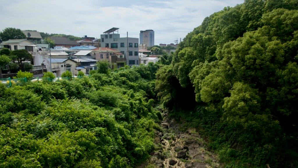 The dry channel of Sinsan Stream shows basalt boulders, grasses, and park fencing.